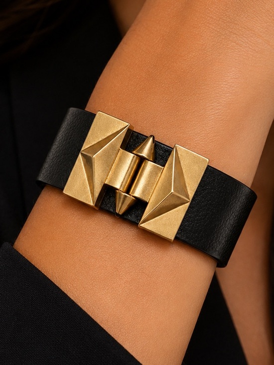 Sam Edelman Jewelry - NEW - Bold Black Leather Magnetic Cuff Bracelet w Gold Geometric Pyramid Studs